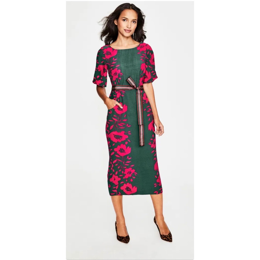 Boden Elspeth Dress Green Pink Floral Linen Blend Midi Pockets Size 16 NWT